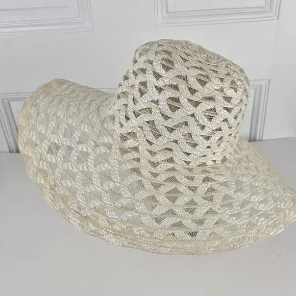 VTG 1970s wide brim sheer Hat crisscross  prairie cottage boho bridesmaid - Picture 4 of 10
